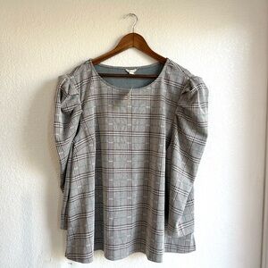 NEW Cato Womens Shirt Blouse Brown White Plaid Puff 3/4 Sleeve Plus Size 22/24